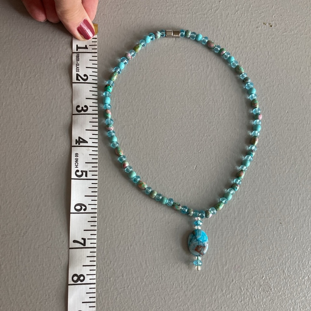Artisan Glass Bead Focal Necklace Beachy Faux Turquoise Beads Magnetic Clasp - Picture 7 of 8
